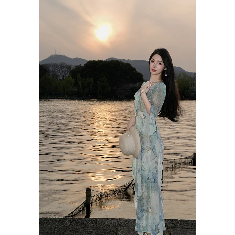 LRL 【薄荷之夏】2法式优雅名媛气质长袖复古夏季连衣裙RL024163