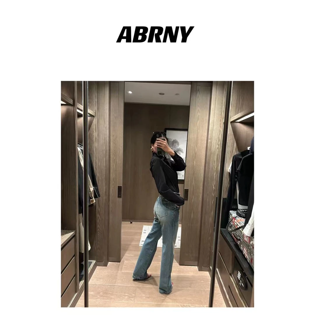 ABRNY【古罗马】短款蓝色直筒百搭牛仔裤休闲复古潮流浅蓝水洗时尚