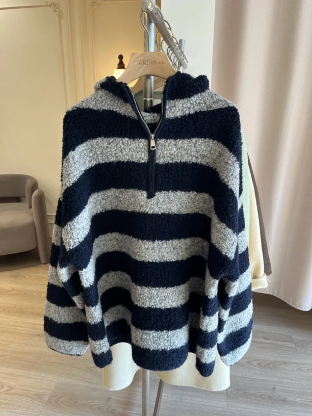 【AKINA秋奈家】条纹帽衫厚羊毛套头衫