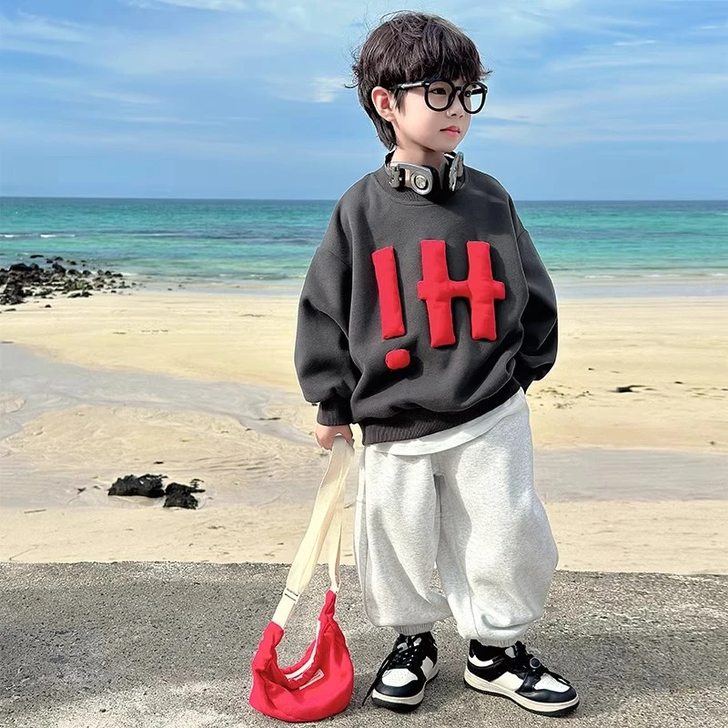 男童加绒加厚卫衣中大童冬季韩版上衣儿童洋气套头百搭宽松圆领