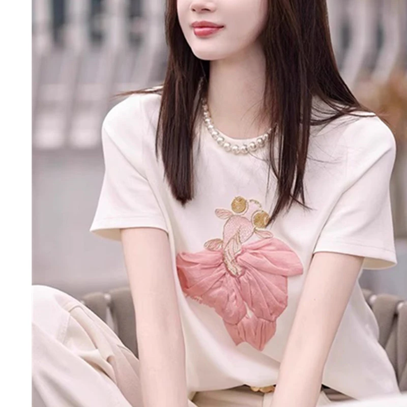 【刺绣金鱼】国风刺绣ins短袖T恤女2024夏季宽松百搭洋气显瘦体恤