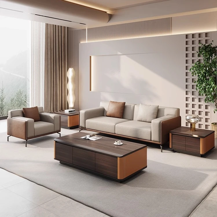 一字型办公沙发会客区接待洽谈简约现代茶几组合商务会谈软体沙发