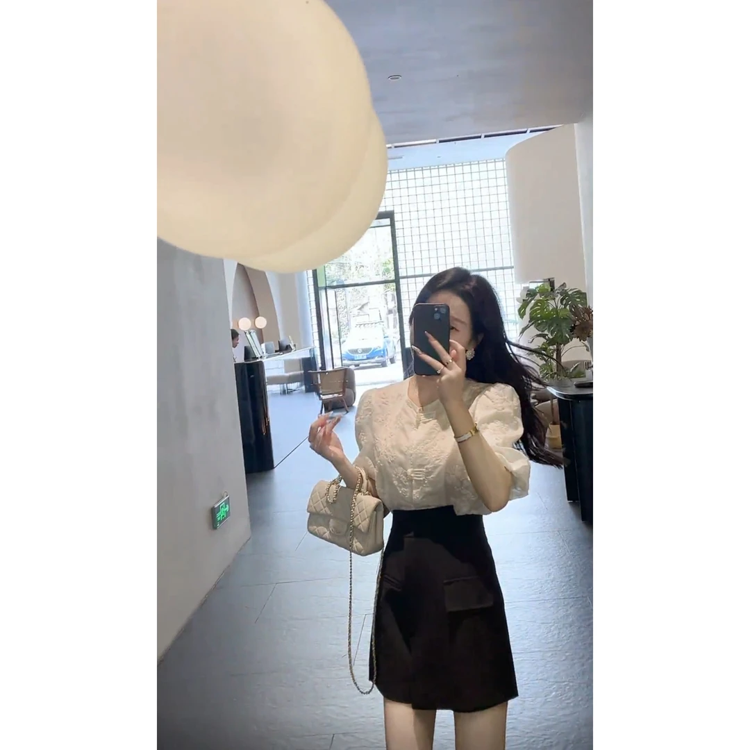 新中式小衫短袖刺绣盘扣上衣+高腰A字裙裤简约新中式短裤裙子