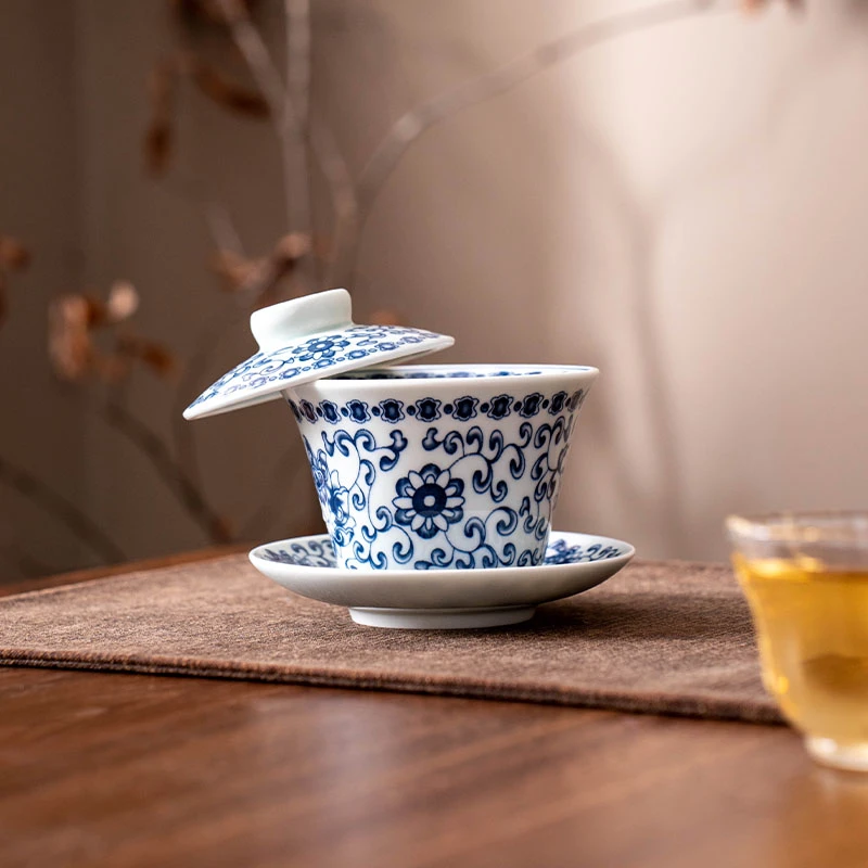 高档缠枝莲泡茶手工茶具复古个人专用茶碗陶瓷三才茶具器具盖碗