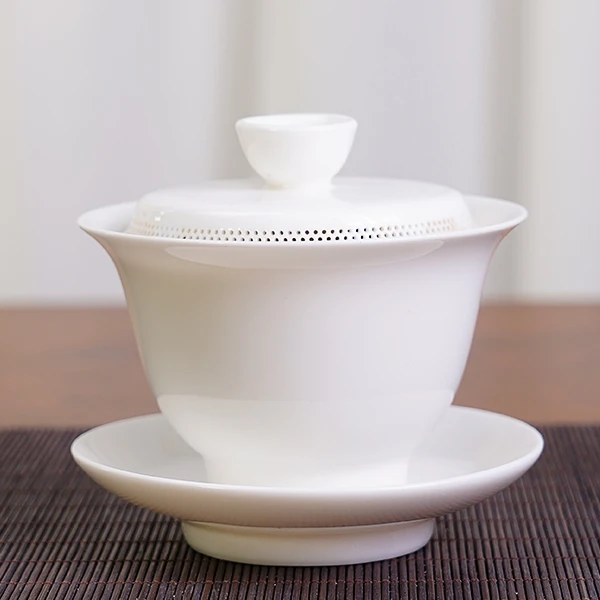 陶瓷白瓷免茶漏复古高档专用高级茶具器具羊脂玉德化白瓷三才盖碗