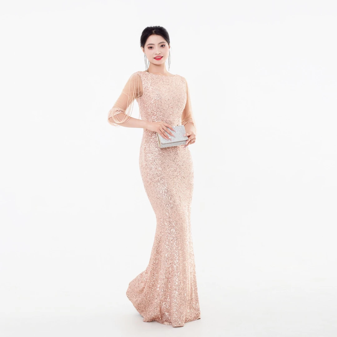 #007新款宴会气质优雅长款无袖亮片气场女王鱼尾 晚礼服