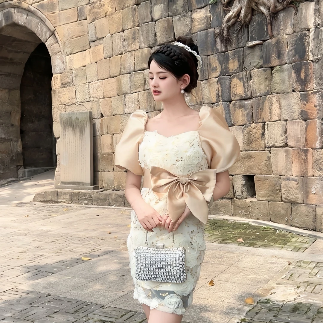 高雅公主裙显瘦气质法式修身收腰设计感辣妹碎花方领连衣裙40328