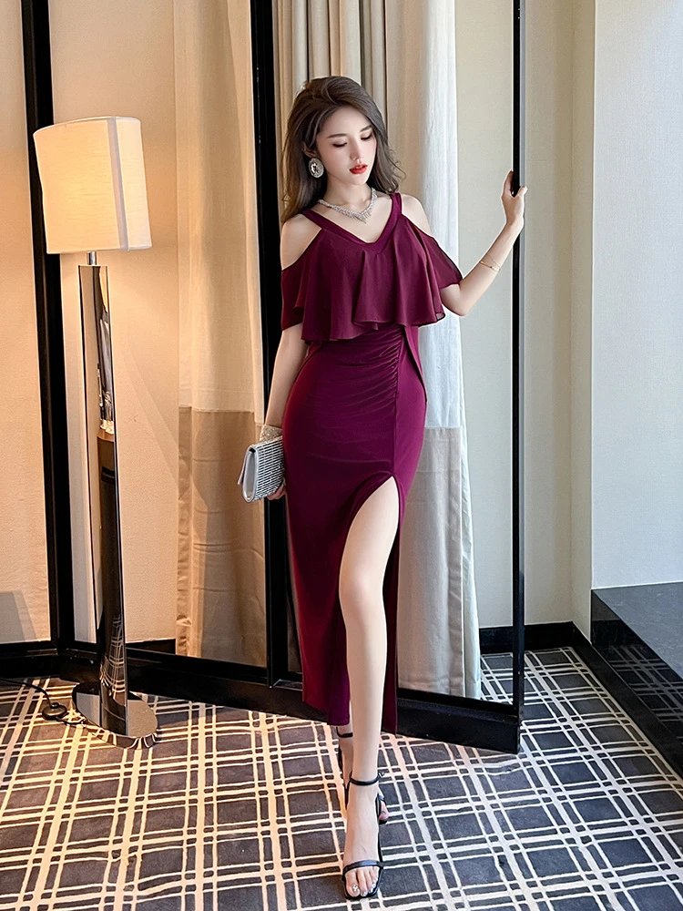 夏季新款显瘦性感女人味显白温柔风高级紫遮肉减龄连衣裙20519