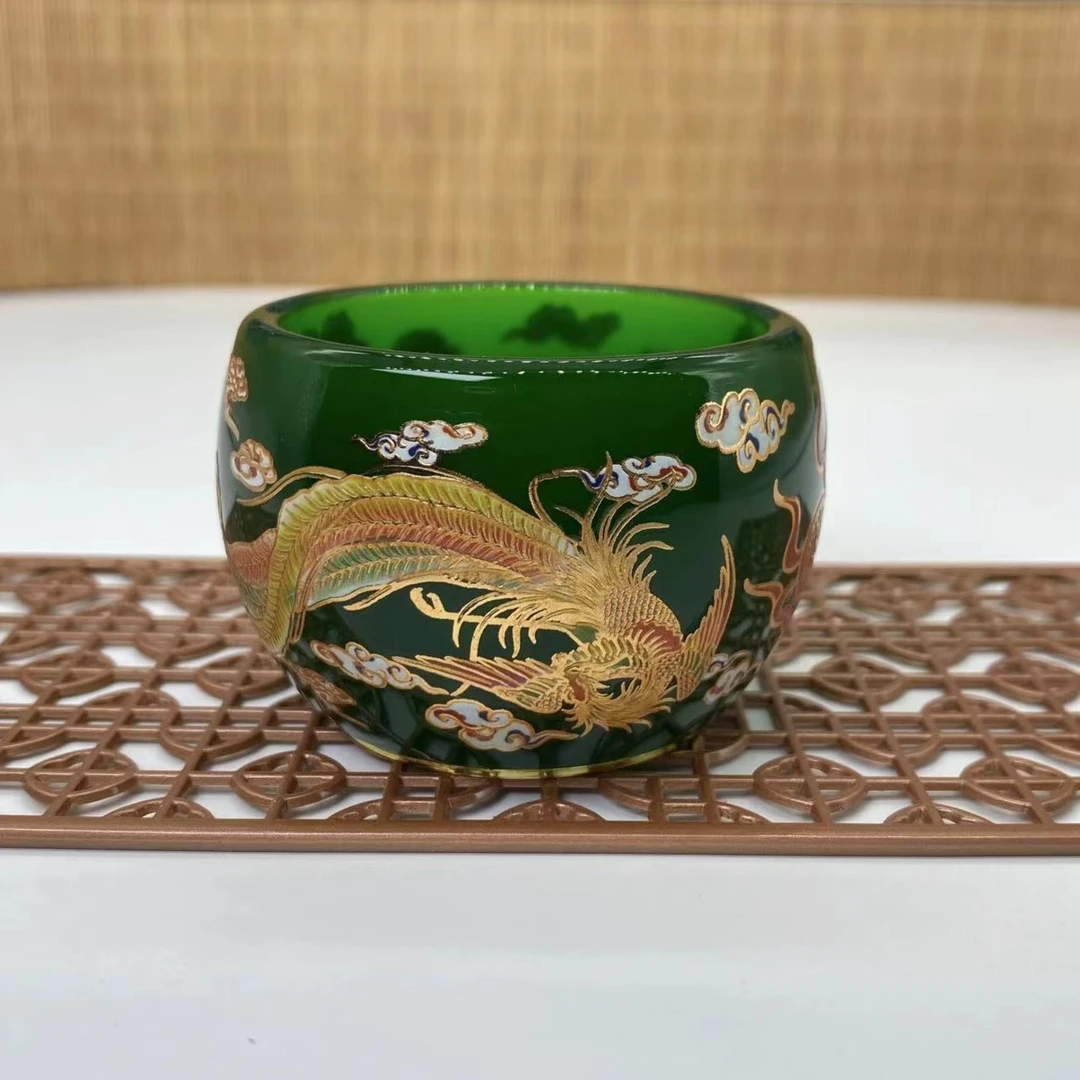 绿琉璃龙凤呈祥夜光杯（无礼盒）翁家陶瓷手工茶器茶杯茶具A