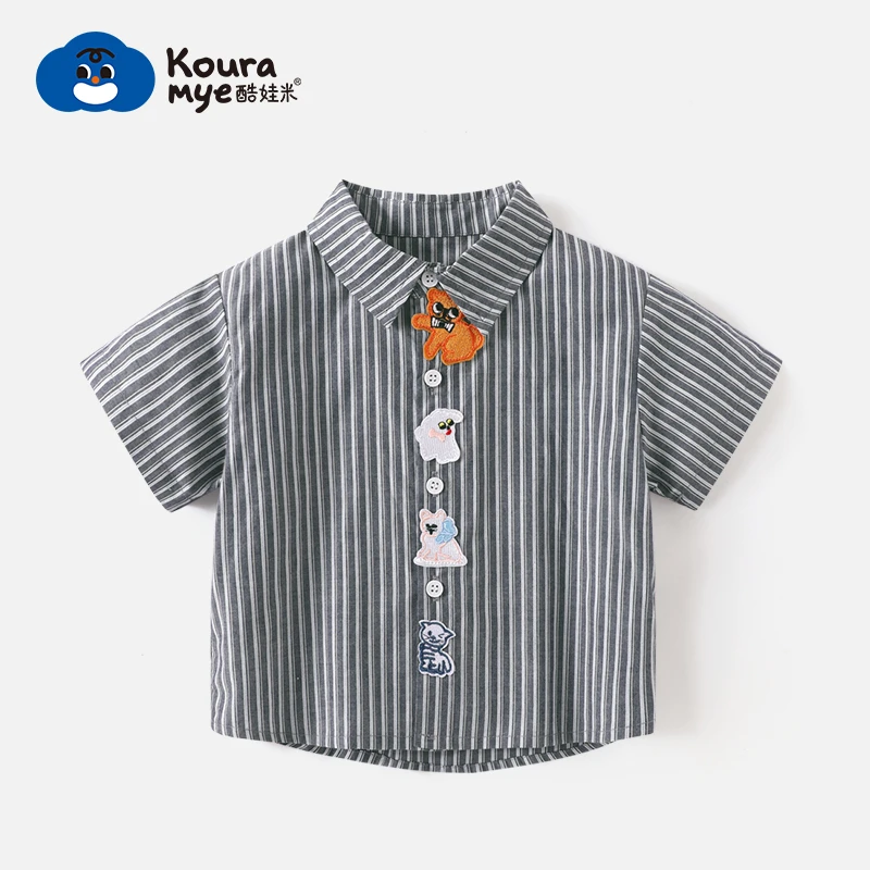 酷娃米2024夏季儿童短袖男女童宝宝百搭卡通动物竖条纹衬衫20497