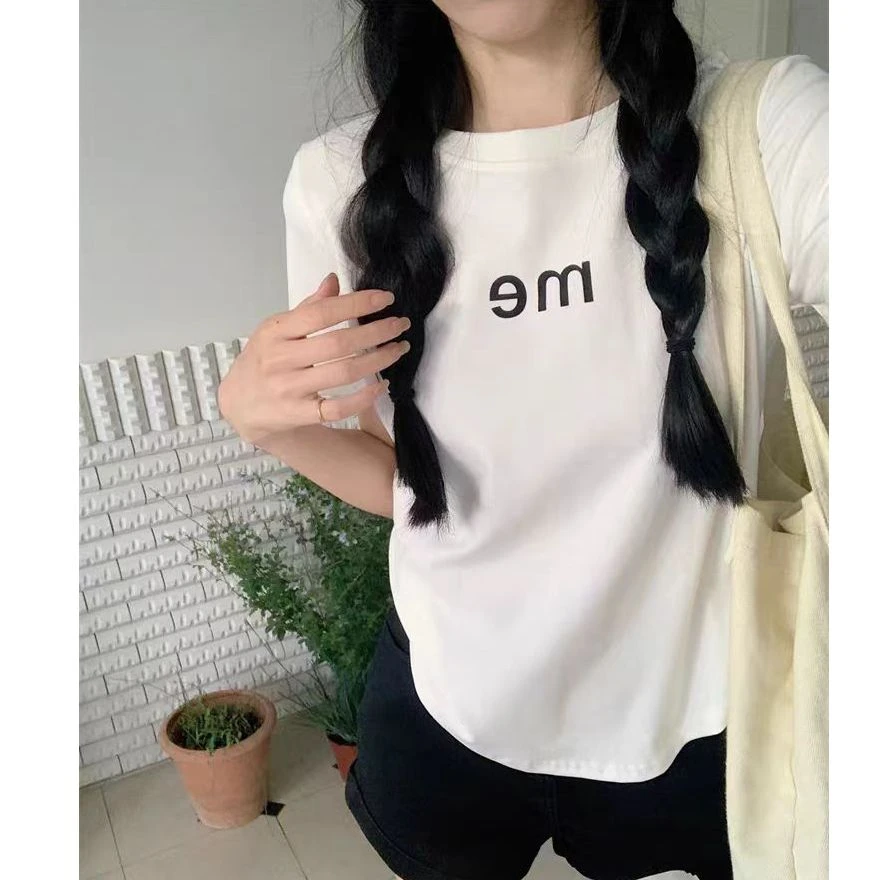 大码女装 胸106-124 me简洁印花正肩圆弧下摆短袖6613#