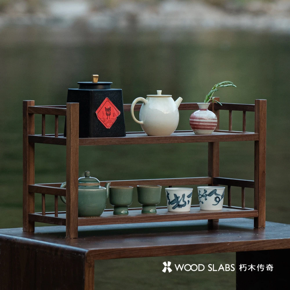 黑胡桃实木山禅双层茶具置物架中式博古架摆件展示架储物架