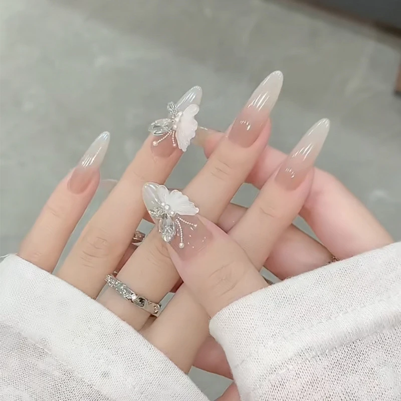 D34穿戴美甲夏季甜美风手工水钻蝴蝶可拆卸指甲贴片