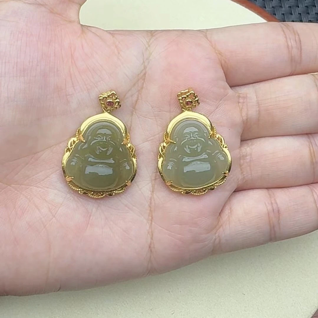 和田玉镶嵌S925佛公吊坠精致款30*21mm