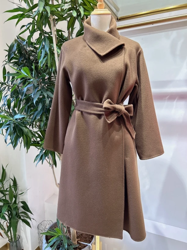 美拉德色系立领可大翻领手工制作双面羊毛系腰带长款气质大衣百搭