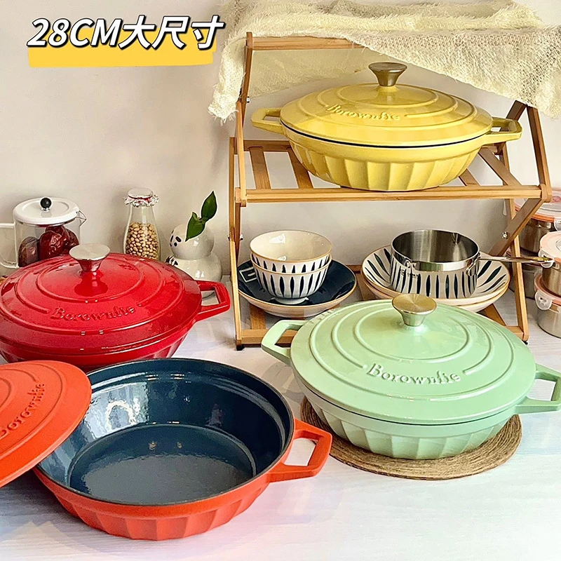 铸铁珐琅锅大容量双耳焖炖煎炒海鲜锅微压妈咪锅礼品批发