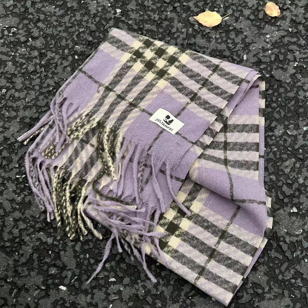 紫羽甘蓝~糯叽叽秋冬仿羊绒围巾 高级感格子流苏加厚保暖围脖男女