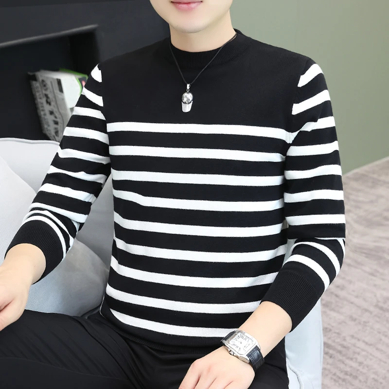 秋冬新款圆领针织毛衣男潮流时尚黑白条纹打底毛衣男休闲保暖上衣