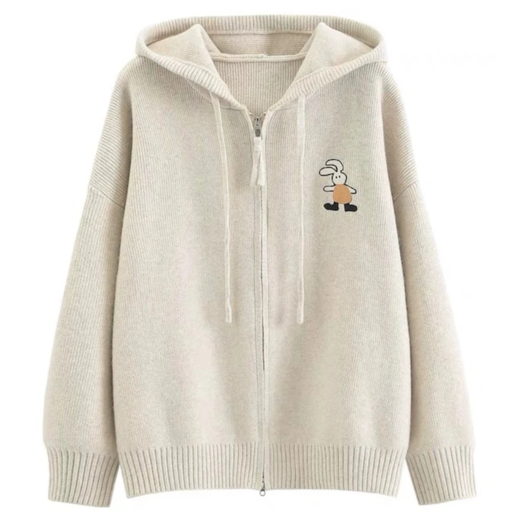 连帽开衫卫衣女2024春装爆款秋冬宽松灰色毛衣小个子拉链针织外套