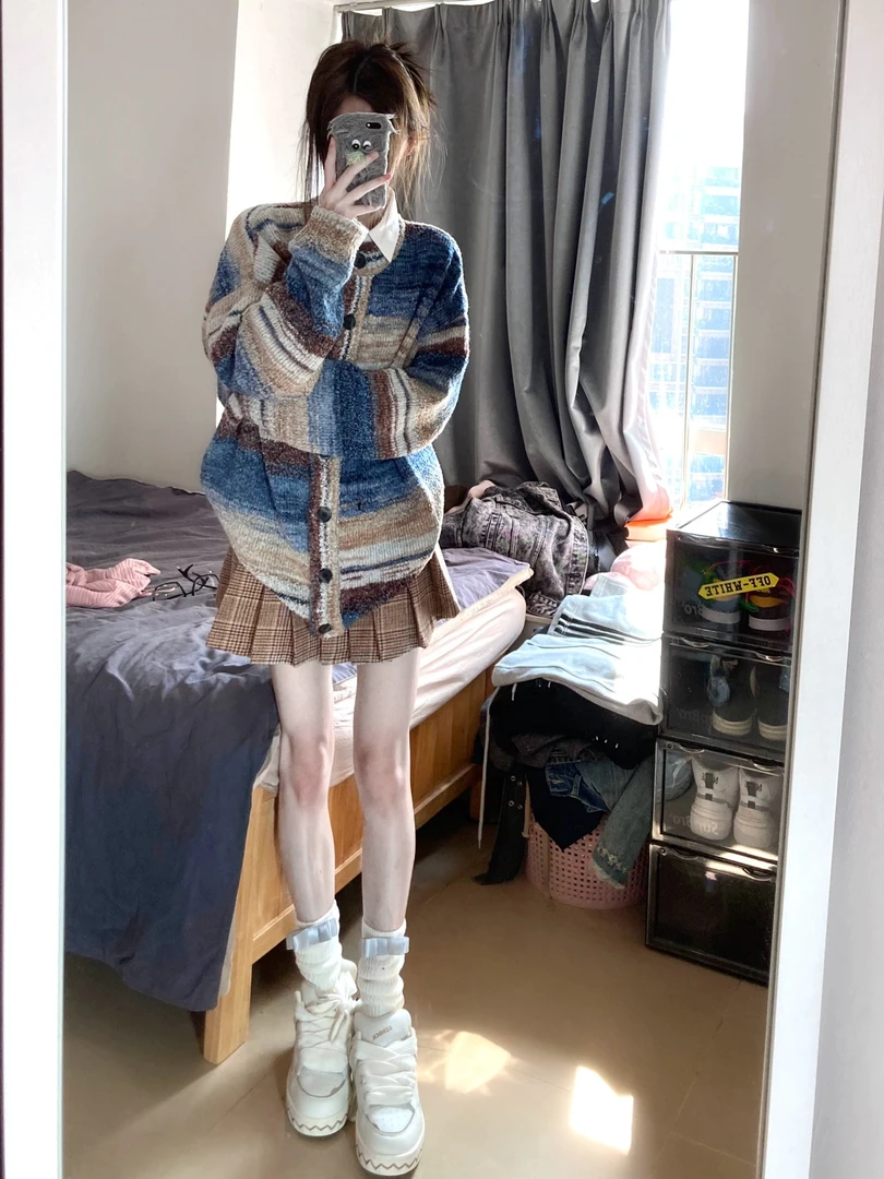 美式针织开衫宽松复古慵懒风油画彩虹条纹渐变长袖春秋毛衣外套女
