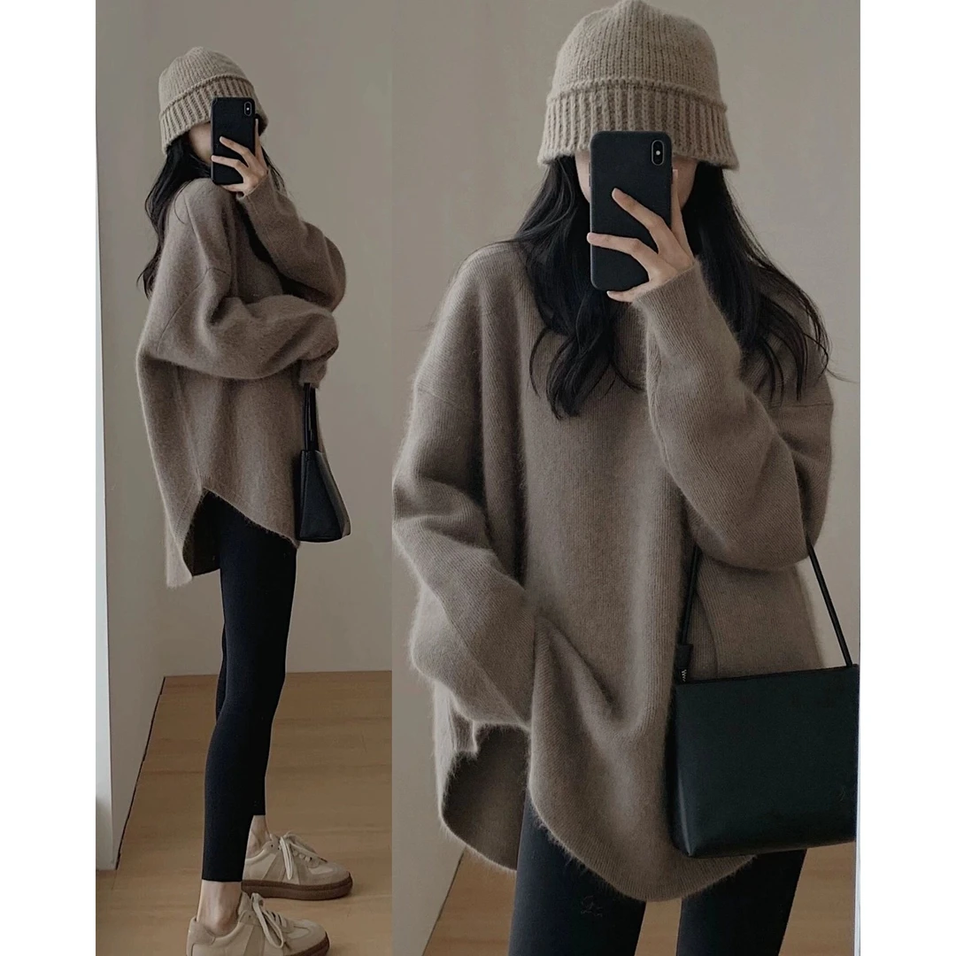 小个子套头毛衣女秋冬外穿中长款日系慵懒复古开叉针织衫冬季加厚
