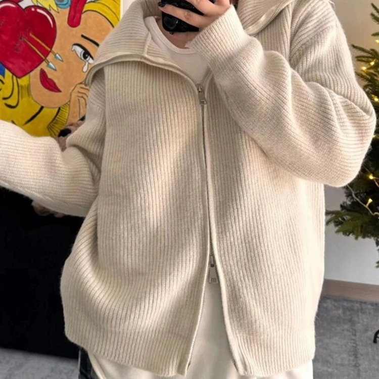 灰色双拉链翻领针织毛衣开衫外套女冬季2023新款秋冬洋气时尚上衣