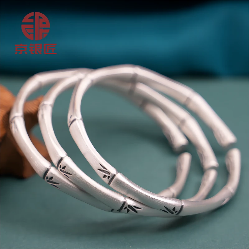 足银手镯 竹节款时尚古法镯子实心磨砂编织纯手工精美经典复古