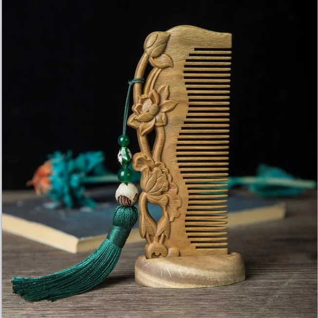 周广胜QQ绿檀精品手工雕花木梳子无柄木梳子-芙蓉并蒂