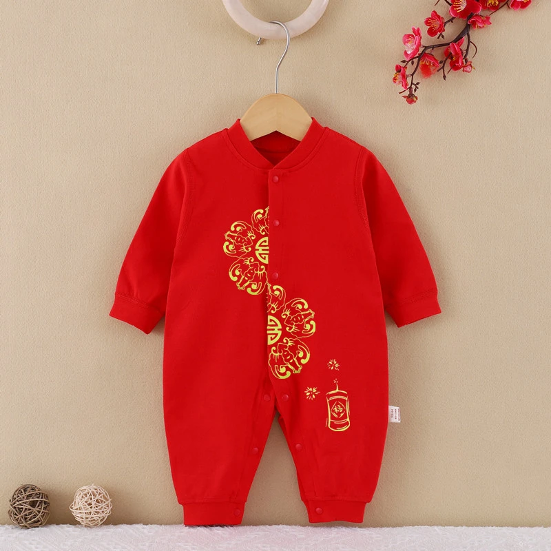 婴儿红色满月服薄款连体衣宝宝百天新生儿喜庆大红无骨缝制连身D