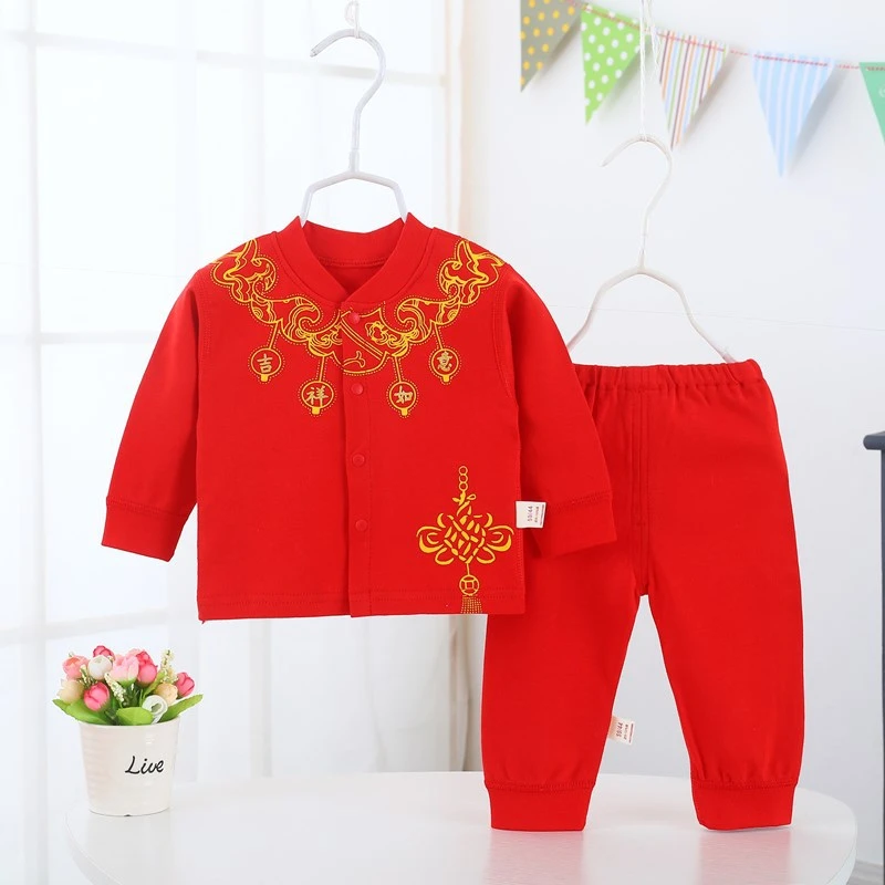 儿童套装红色喜庆男女宝宝童装春夏季薄款无骨缝制中国红幼儿套D