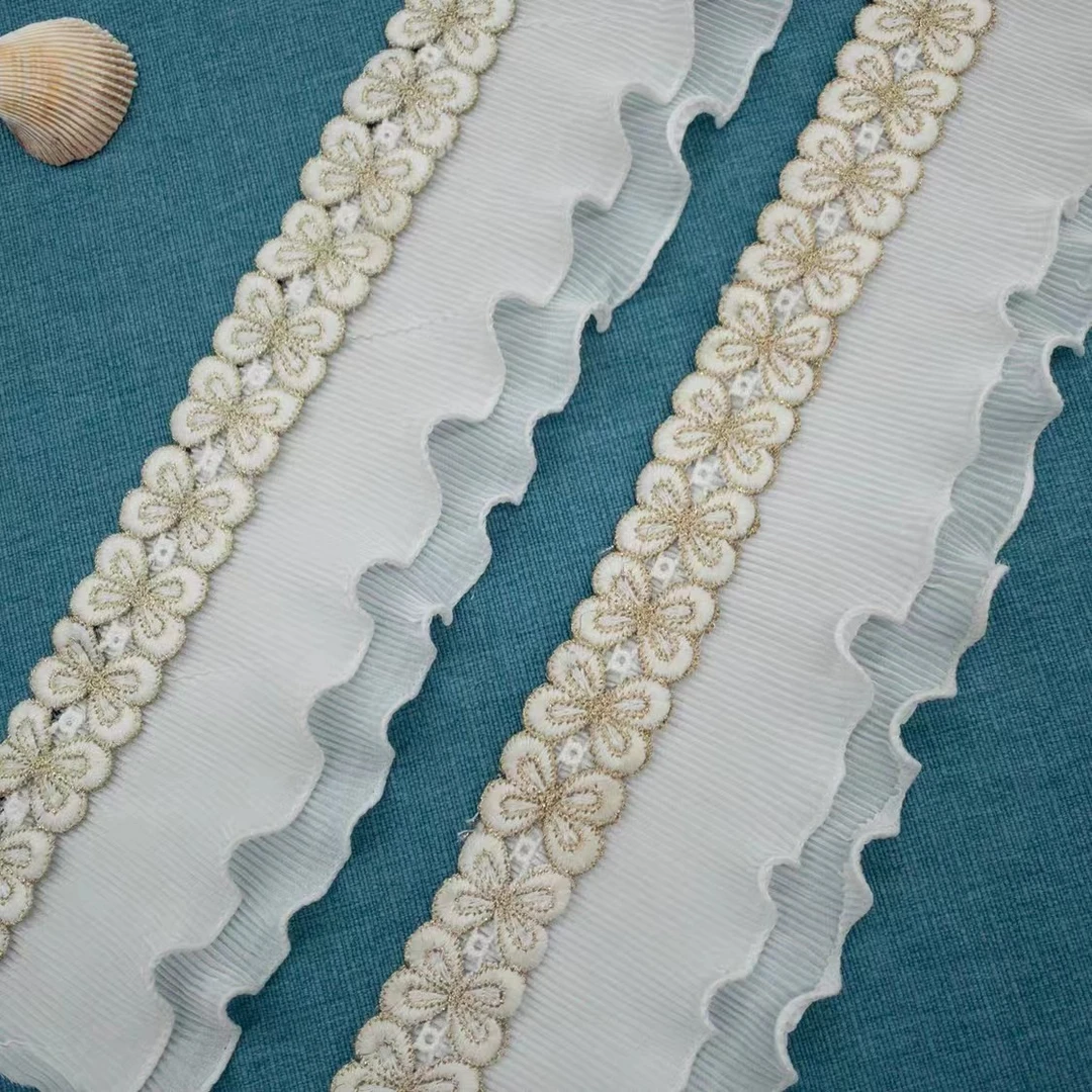 窗帘辅料立边绣花边拼接双层木耳边金色蝴蝶水溶绣花边窗纱侧边