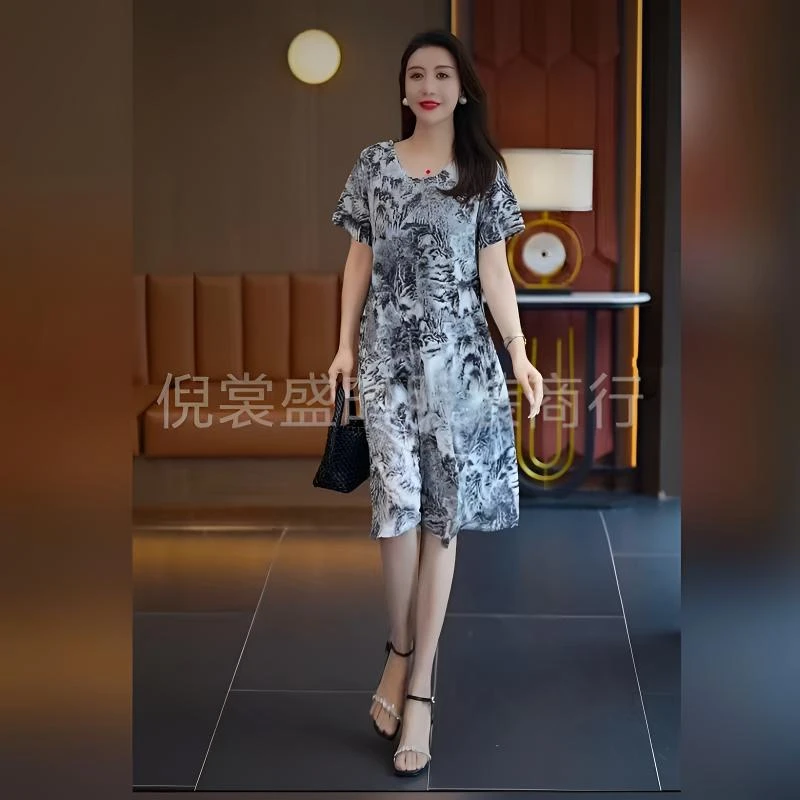 妈妈装夏季宽松版型遮肉显瘦休闲复古中长款优雅中年女士连衣裙