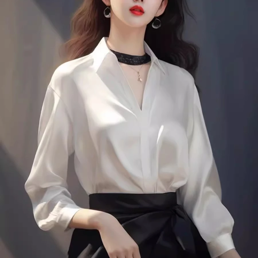 减龄时髦小香风设计感白色缎面时尚宽松显瘦V领长袖衬衫女装女款