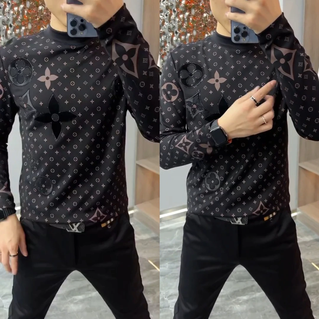 3969潮流时尚男士秋季长袖半高领打底衫高档印花洋气青年显瘦卫衣