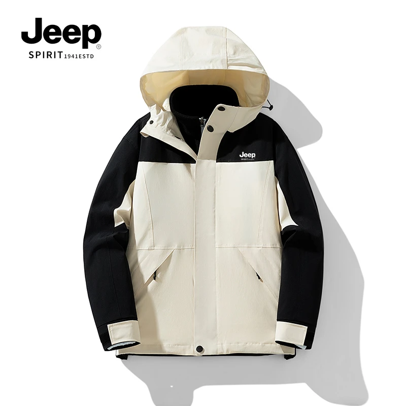 JEEPSPIRIT拼接撞色冲锋衣三合一可拆卸两件套情侣登山防水保暖服