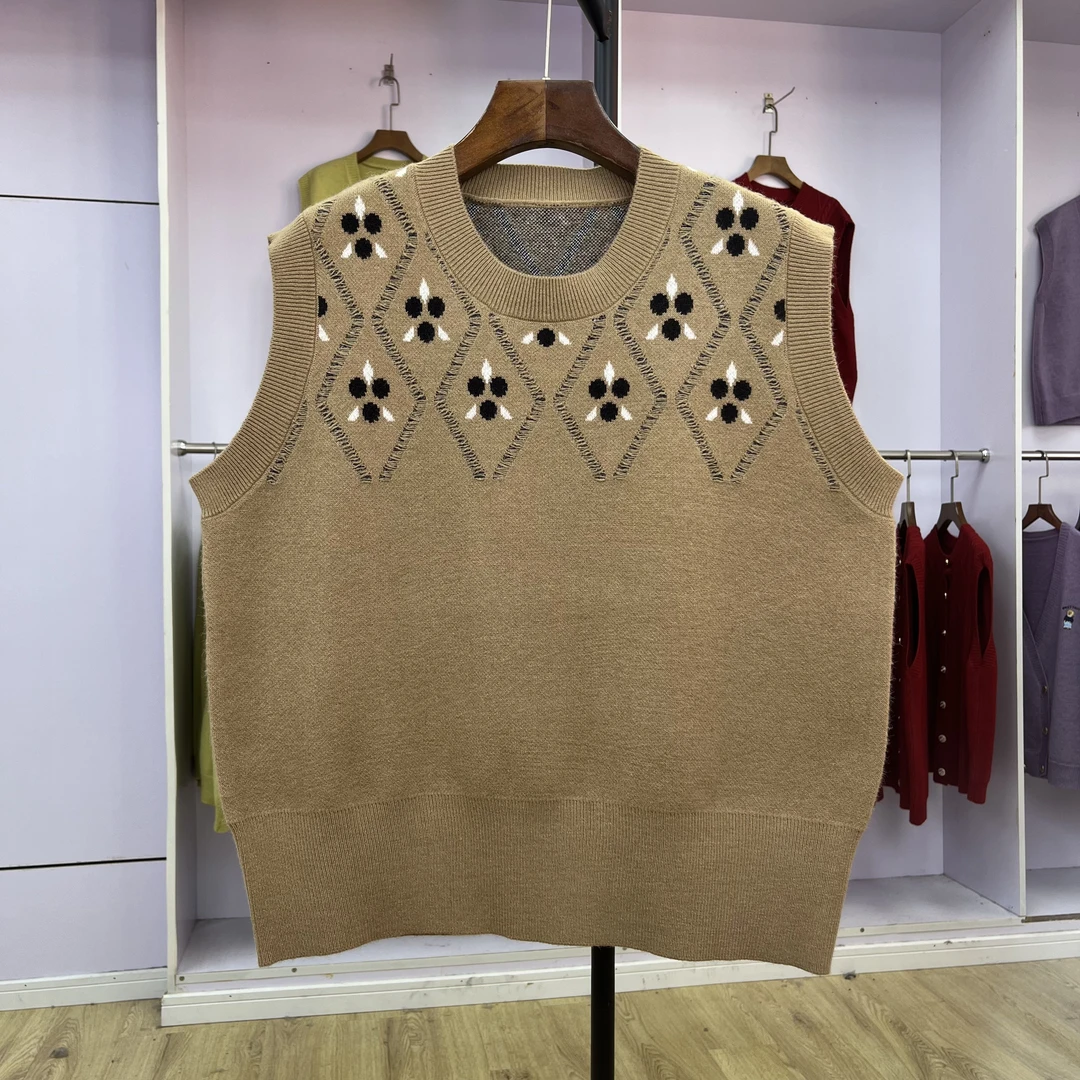 015 2024秋冬新款圆领提花马甲背心圆领无袖针织开衫毛衣坎肩外穿