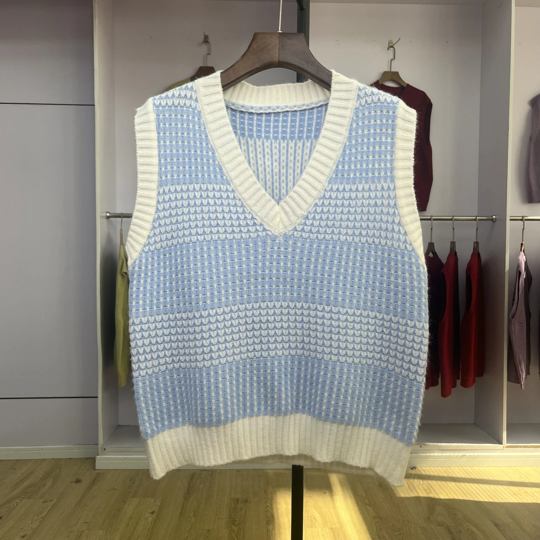 044 女小香风撞色无袖欧货百搭V领毛衣马夹新款宽松甜美外穿上衣