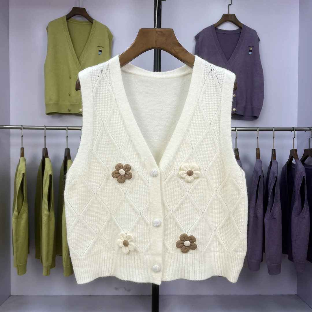 598小个子韩系女洋气显瘦立体花朵设计感开衫V领坎肩短款减龄上衣