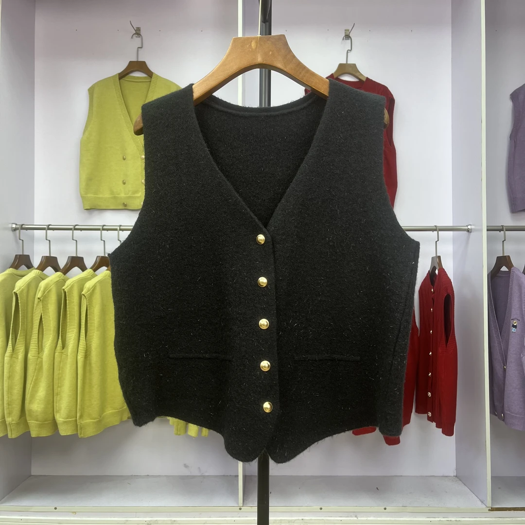 254 短款洋气显瘦法式秋季纯色针织开衫马夹无袖v领叠穿简约上衣