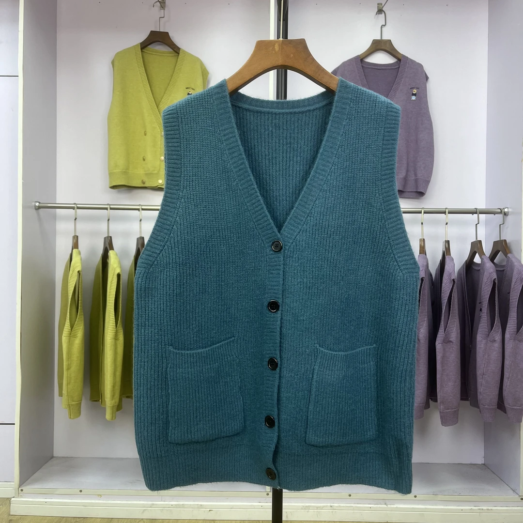 502双口袋开衫外套新品穿着大方洋气厚款复古v领无袖休闲外搭上衣