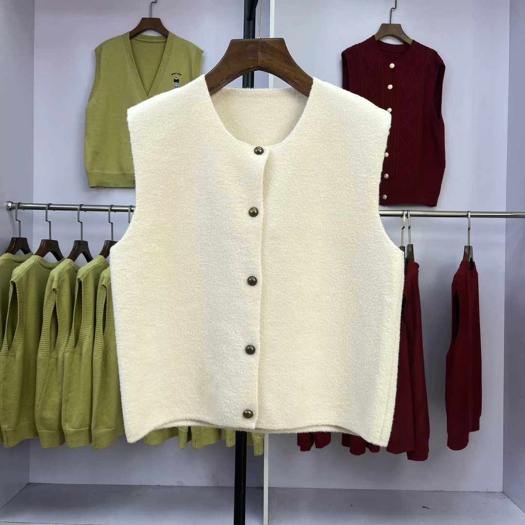 504 韩版圆领纯色小香风气质针织马甲百搭宽松温柔坎肩上衣背心女