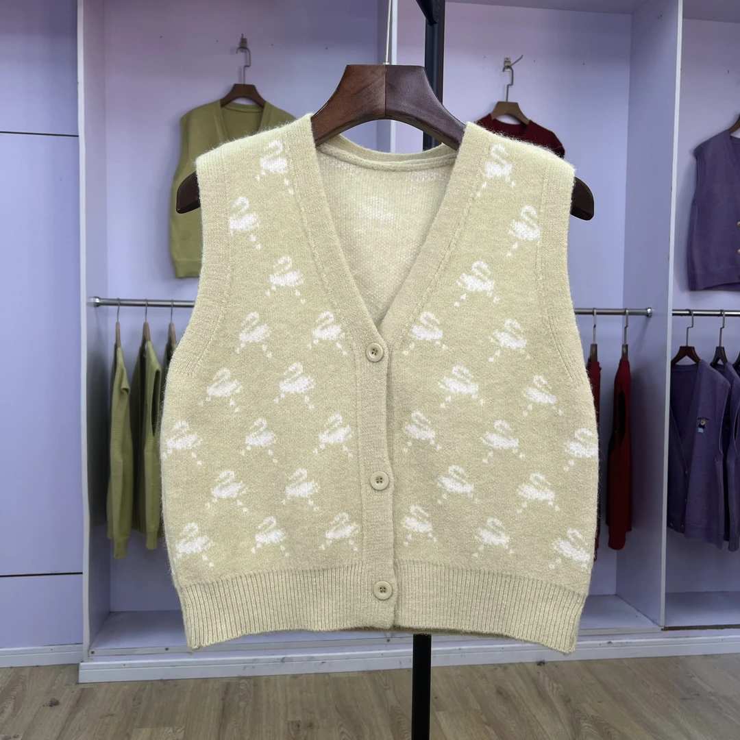 714 针织马甲女款2024秋季小天鹅提花背心毛衣休闲坎肩小个子上衣