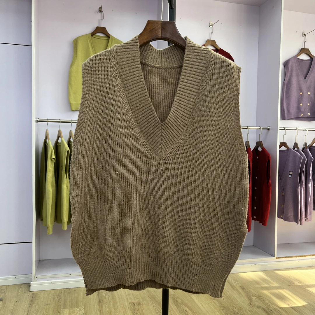 208 纯色大码V领宽松针织衫马甲背心秋冬季新款叠穿无袖马夹上衣