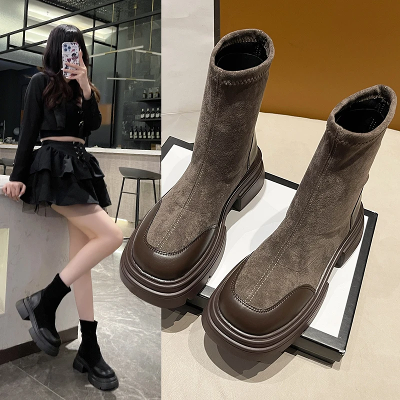 厚底短靴女2023新款早秋弹力瘦瘦靴复古英伦风马丁靴切尔西单鞋子