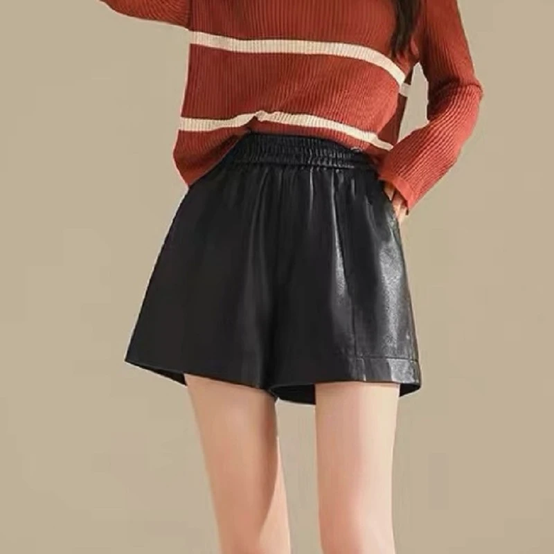 24高腰皮短裤女秋冬新款黑色显瘦a字宽松阔腿休闲皮靴裤 百搭外穿