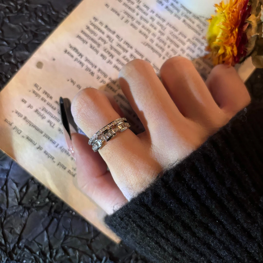 铜合金合成锆石戒指 JZ180 T方锆冷酷风甜美气质百搭轻奢戒指简约