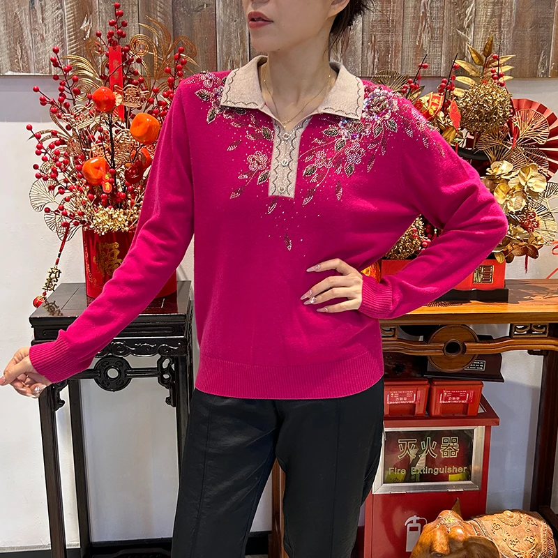 荣澜款秋冬季重工刺绣毛衣妈妈毛衣针织衫大码女装3465