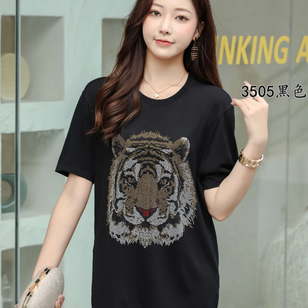 荣澜#3505动物图案烫钻时尚大码宽松休闲圆领T恤女士