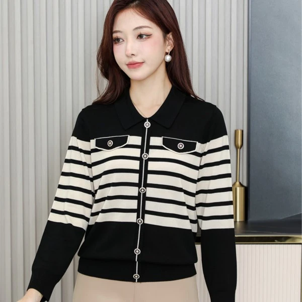 荣澜2023秋季新款条纹长袖显瘦莱赛尔百搭天丝小衫短款黑色3956