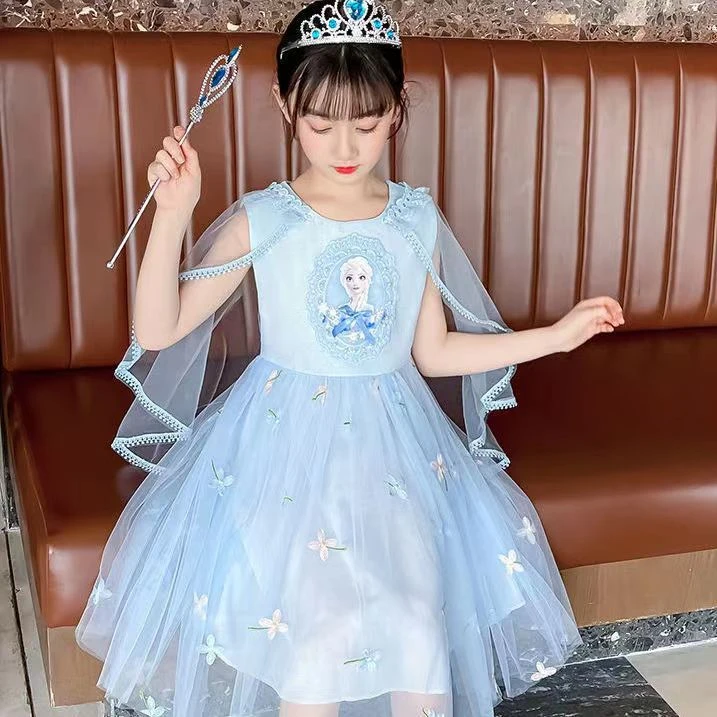 女童爱莎连衣裙夏季儿童披肩公主裙蓬蓬网纱裙中大童艾莎裙子超仙